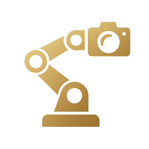 Gold Glamflow logo featuring a robotic arm holding a DSLR camera, symbolizing cinematic Glambot experiences in Cyprus.